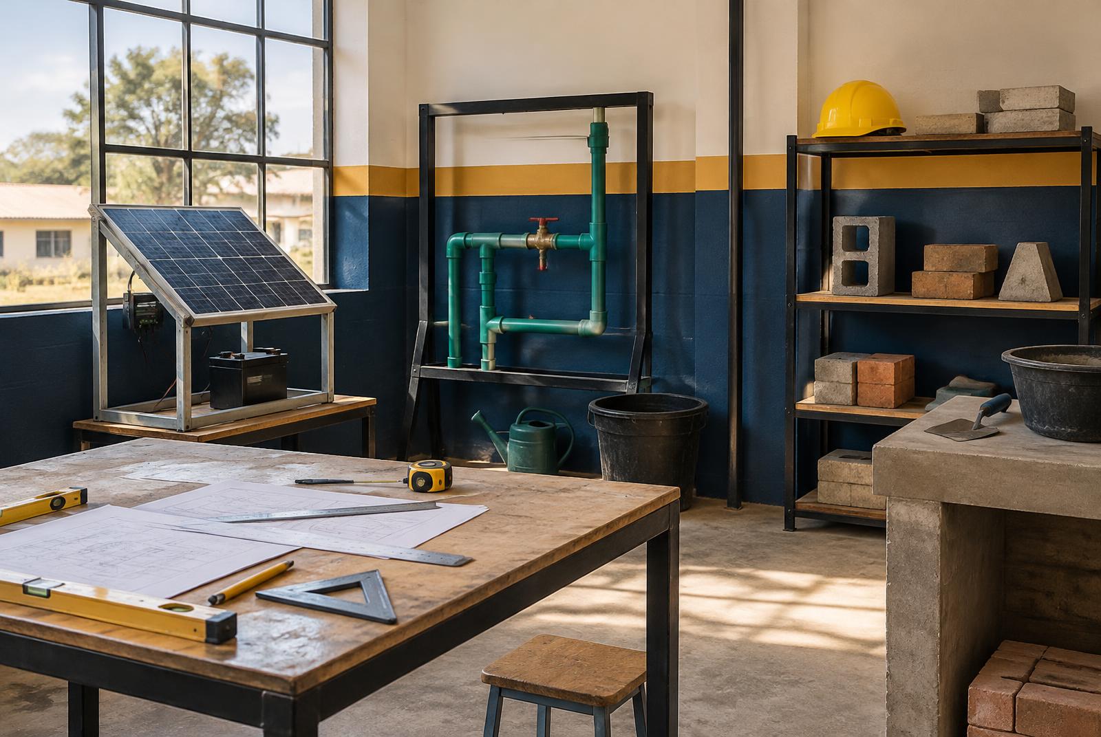 Conceptual empty green-skills learning space with a solar panel, pipework and masonry materials