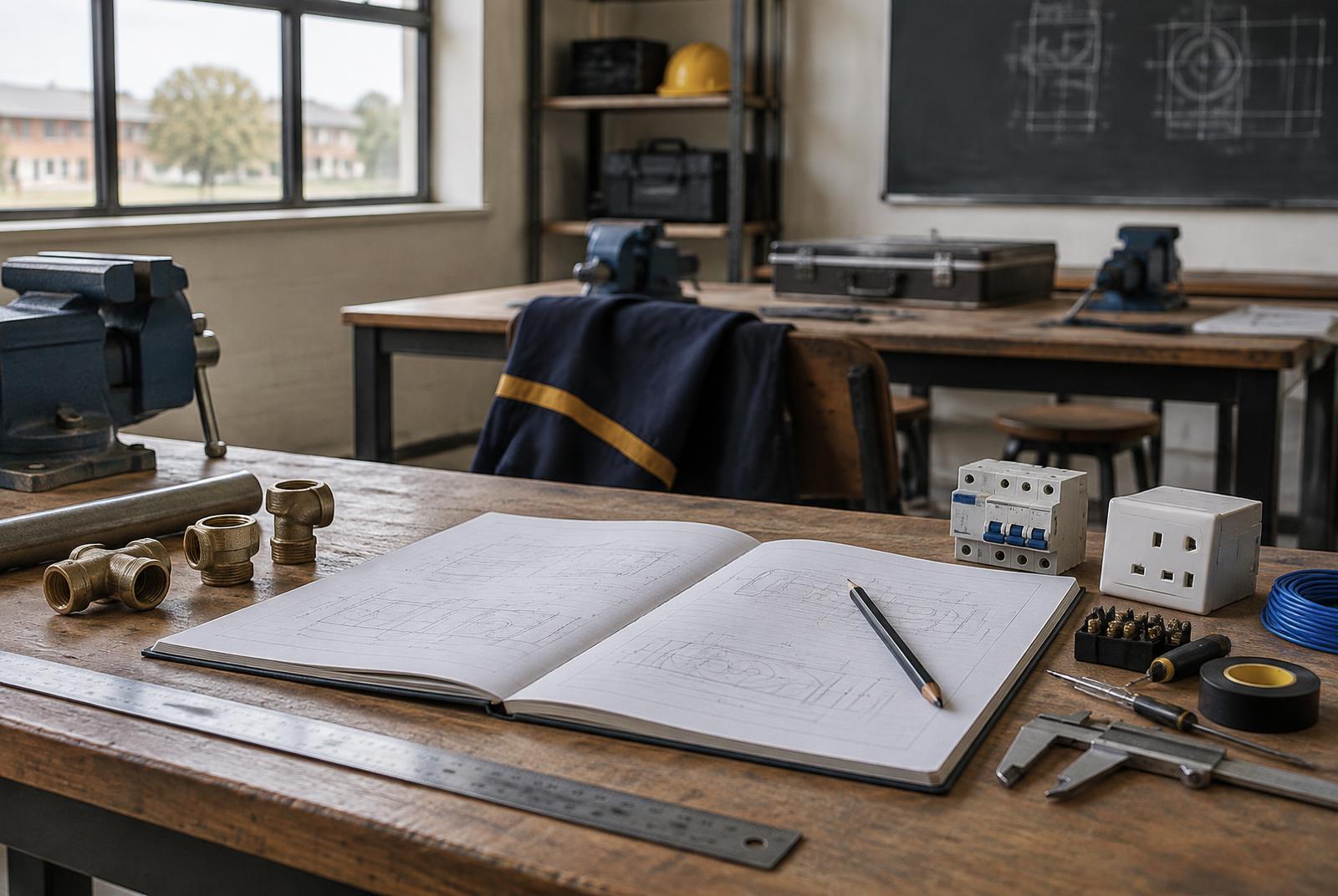 An empty technical learning desk with a drawing notebook, measuring tools and electrical components